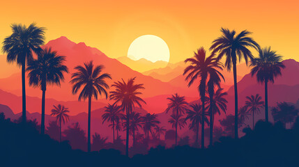 Fototapeta premium Sunset Palm Trees: A vibrant sunset casts an orange glow across the horizon, creating a stunning backdrop for a grove of silhouetted palm trees in the foreground.