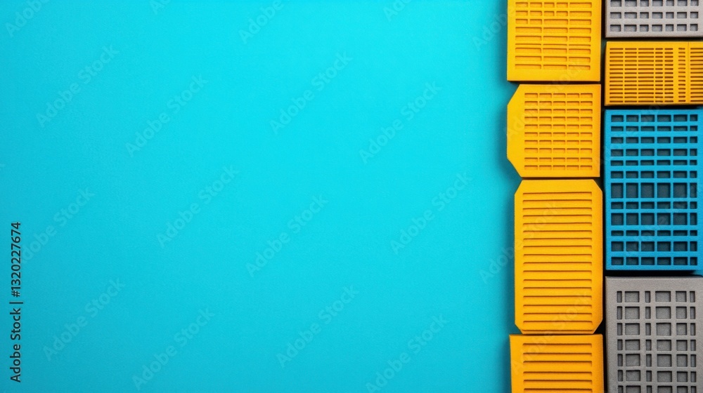 Poster colorful and abstract arrangement of plastic blocks on a bright blue background with geometric patte