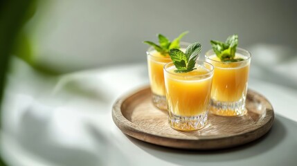 Fototapeta premium Three shot glasses of vibrant orange juice, garnished with fresh mint leaves, resting on a wooden tray