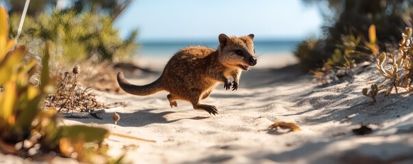 A small brown marsupial is running along the sandy beach path