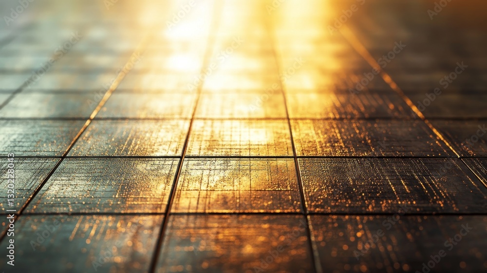 Poster illuminated textured tiles creating a warm reflective surface effect