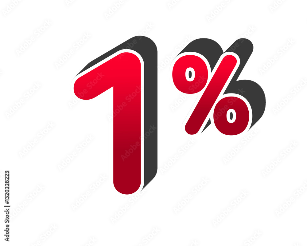 Poster red number 1% percent on transparent background, with a bold, 3d appearance and shadow effects for a
