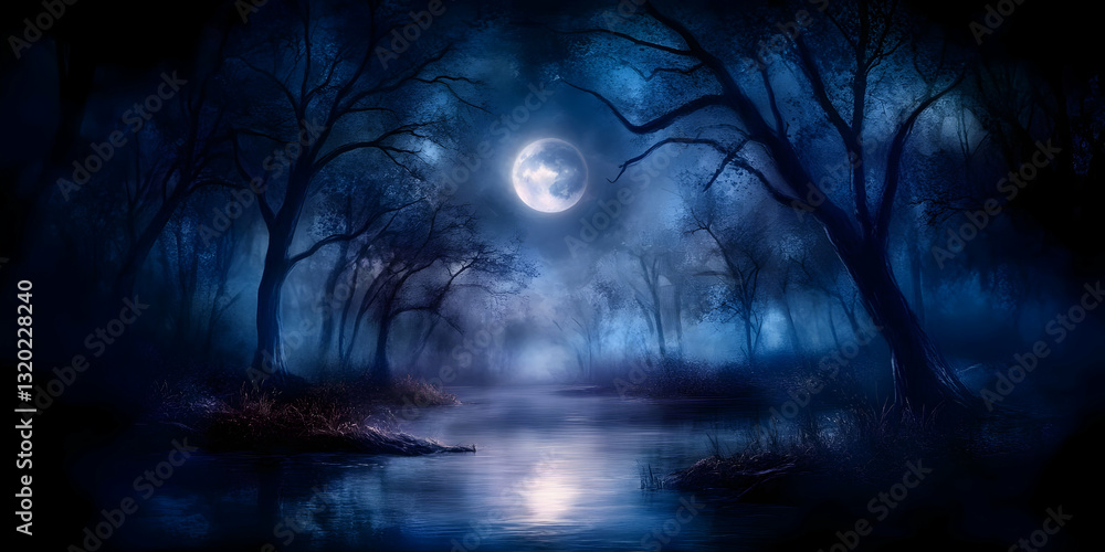 Poster digital painting of a moonlit forest scene with a calm river reflecting the moonlight, creating a my