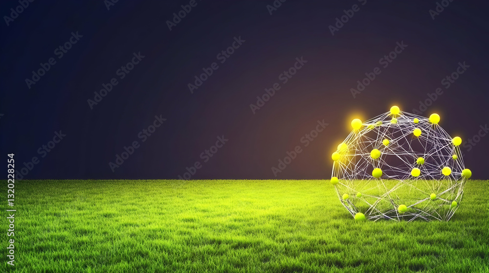 Poster 3d render of illuminated network sphere resting on lush green grass against a dark background