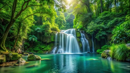 waterfall in forest with lush greenery surrounding it, greenery, serene waterfall