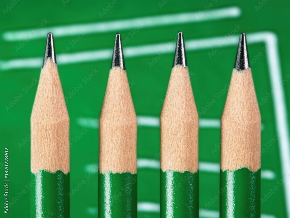 Aufkleber green pencils with sharp tips arranged in a line against a green background with abstract lines illu