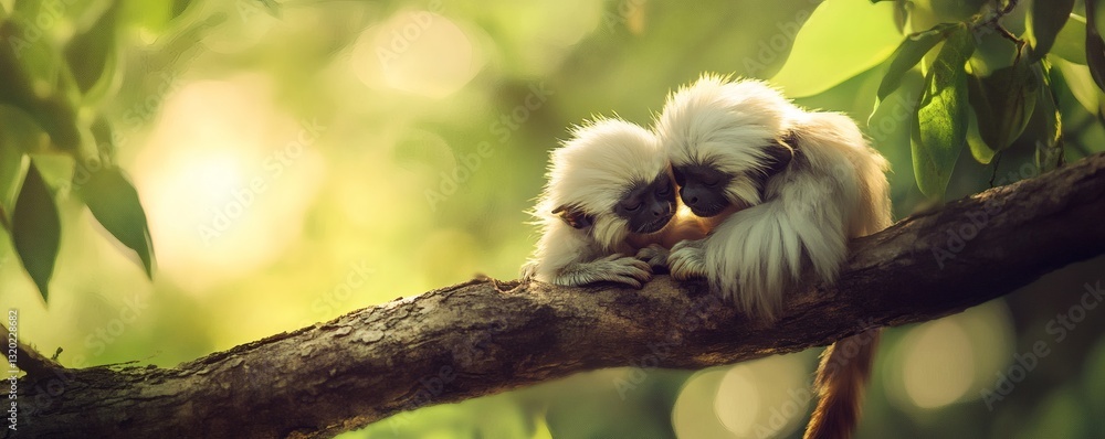 Poster two small monkeys resting and cuddling on a tree branch