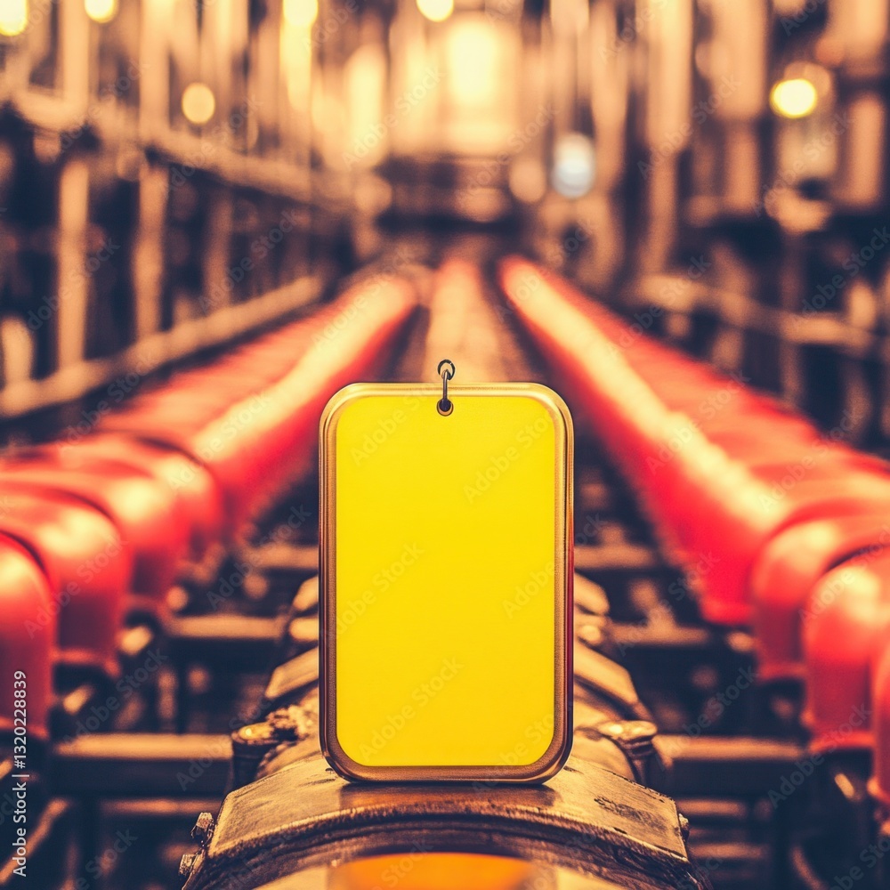 Poster yellow label hanging on a production line surrounded by red bottles in a factory setting, soft glowi