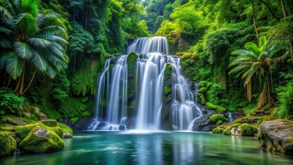 Waterfall cascading gracefully in the midst of a lush forest, trees, forest,  trees, forest, vegetation