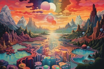 Obraz premium Fantastic Surreal Landscape with Cities and Planets