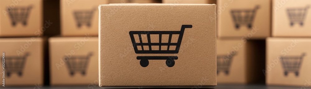 Poster simple brown carton box with shopping cart symbol in foreground and blurred stacked boxes in backgro