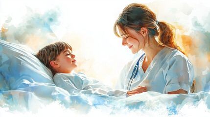 Compassionate Caregiver Comforting Ill Child in Hospital Bed Watercolor Painting