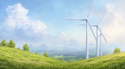 Scenic View of Wind Turbines on Green Hill Under Bright Blue Sky with Soft Clouds and Majestic Mountains in the Background