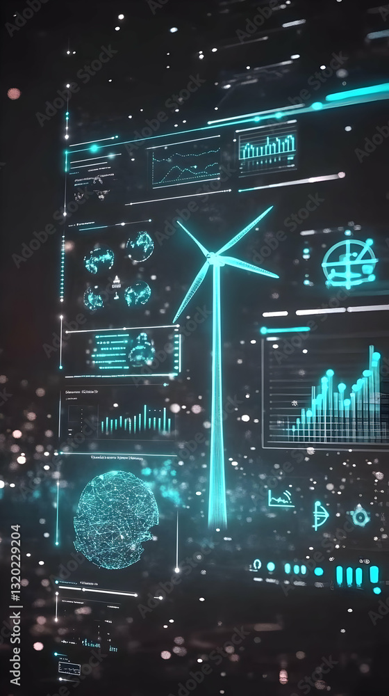 Poster abstract 3d visualization: wind turbine energy data with global network and charts, representing cle