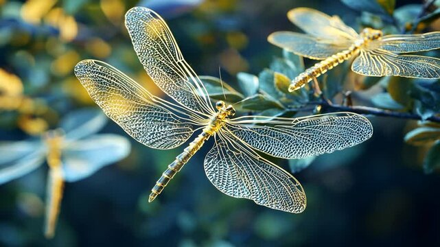 Elegant Dragonflies with Golden Wings Perched on Twigs in a Serene Garden Setting
