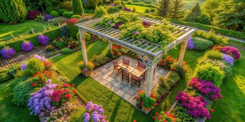 Aerial view of a pergola surrounded by lush green vines and flowers , outdoor, pergola