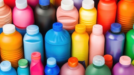 Colorful Collection of Plastic Bottles in Various Shapes and Sizes on Display, Showcasing Vibrant Hues and Diverse Designs