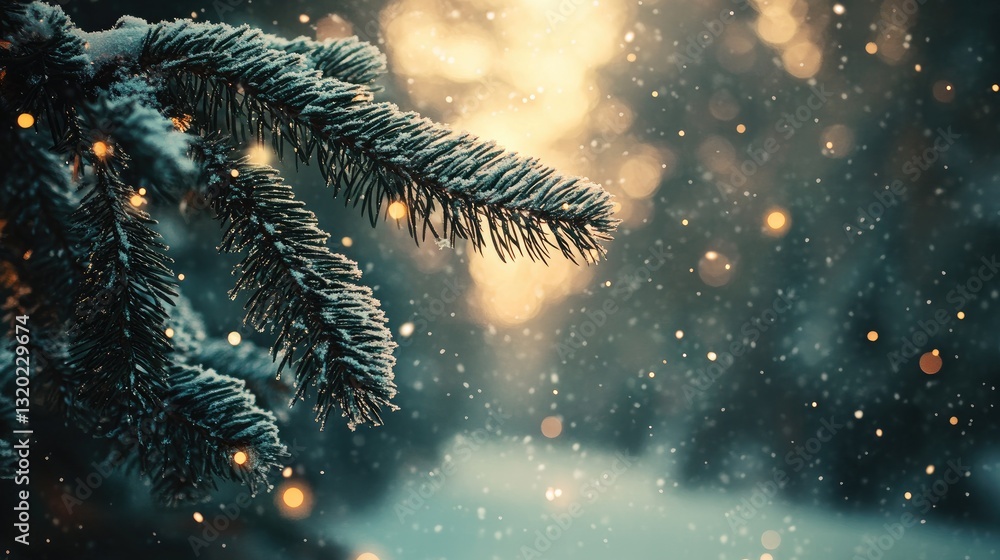 Poster snow covered pine tree branch with winter bokeh background