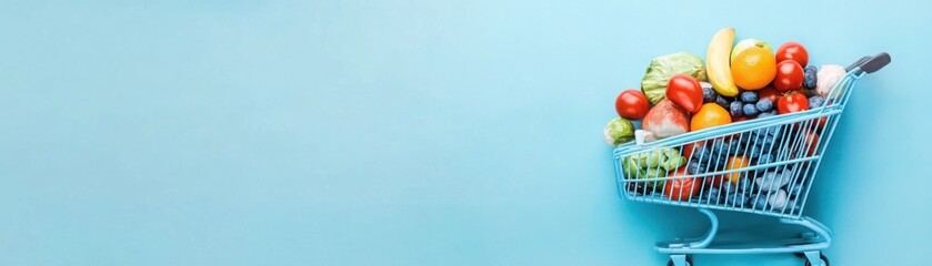 Fresh and Colorful Fruits and Vegetables in a Shopping Cart on a Bright Blue Background for Healthy Eating and Shopping Concepts