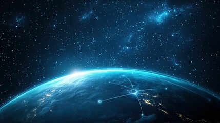 Night view of planet Earth showcasing vibrant light connections highlighting global communications systems