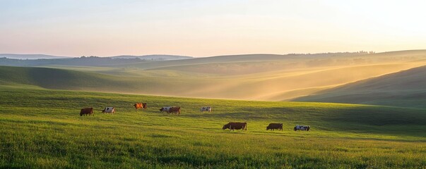 Obraz premium Cows graze peacefully on green hills under a beautiful sky sunrise