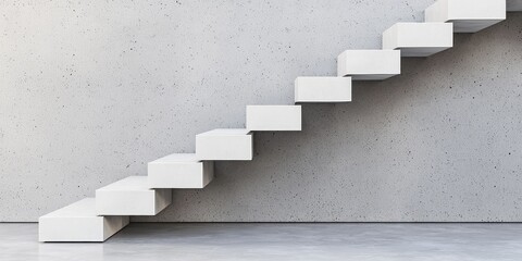 Successful Project concept. A minimalist staircase with white steps ascending against a textured gray wall, embodying modern architectural design.