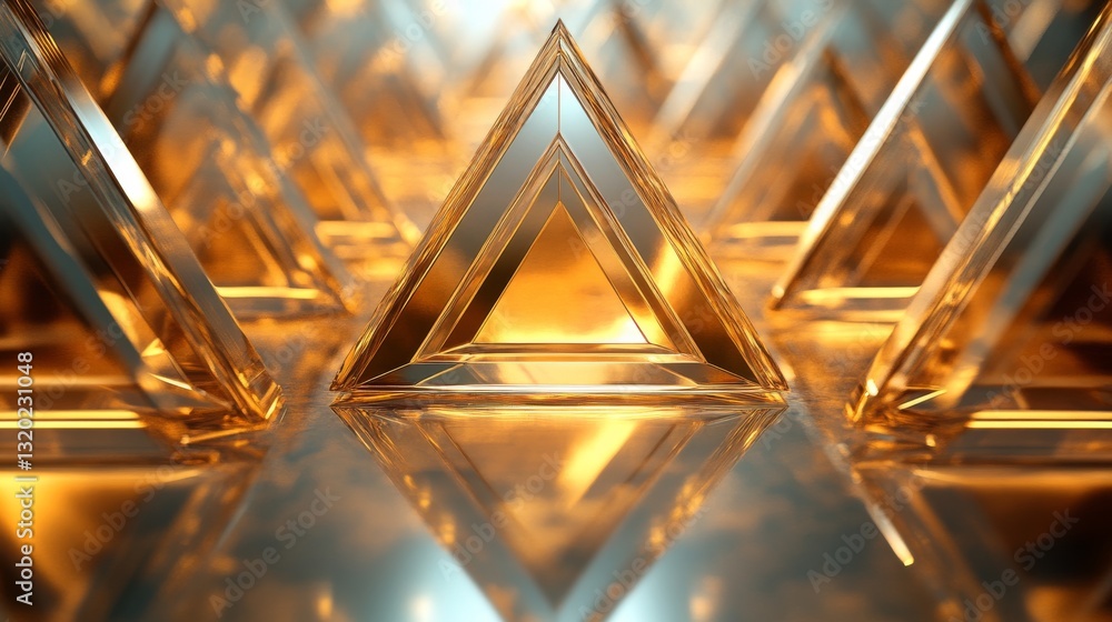 Poster gleaming gold triangles reflecting their forms in a polished surface