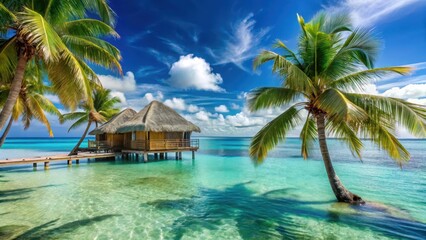 Fototapeta premium Palm trees swaying gently in the breeze, with a serene overwater bungalow and crystal-clear turquoise waters in the background, relaxation, crystal clear waters