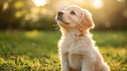 Golden retriever puppy sitting in a grass field, looking up generative ai