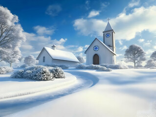 3D Render of a Snowy Church and Small House on a Hill, Winter Landscape Illustration with Winding Path