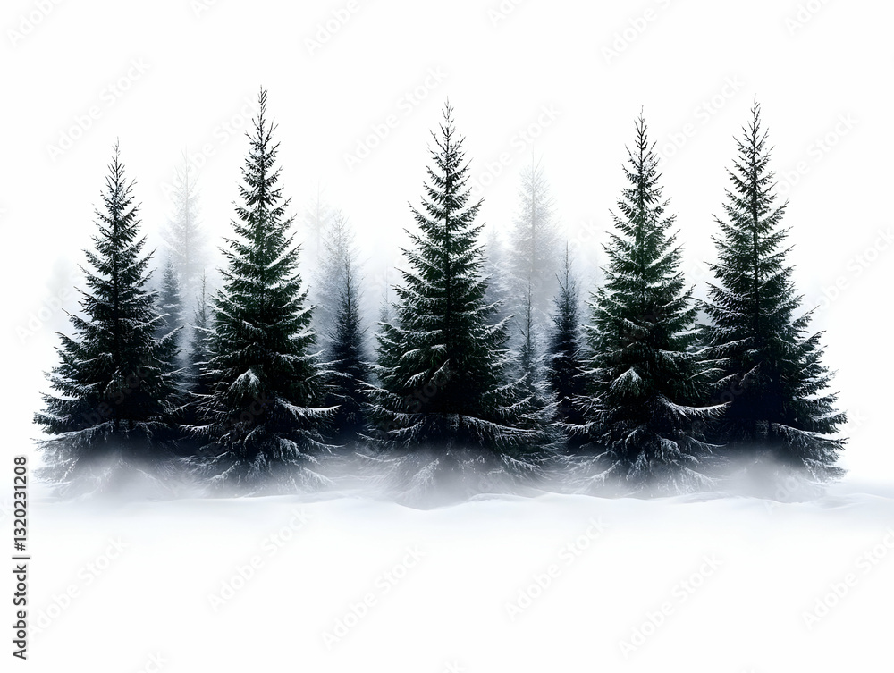 Aufkleber digital illustration of snow-covered pine trees in a misty winter forest, creating a serene and tran