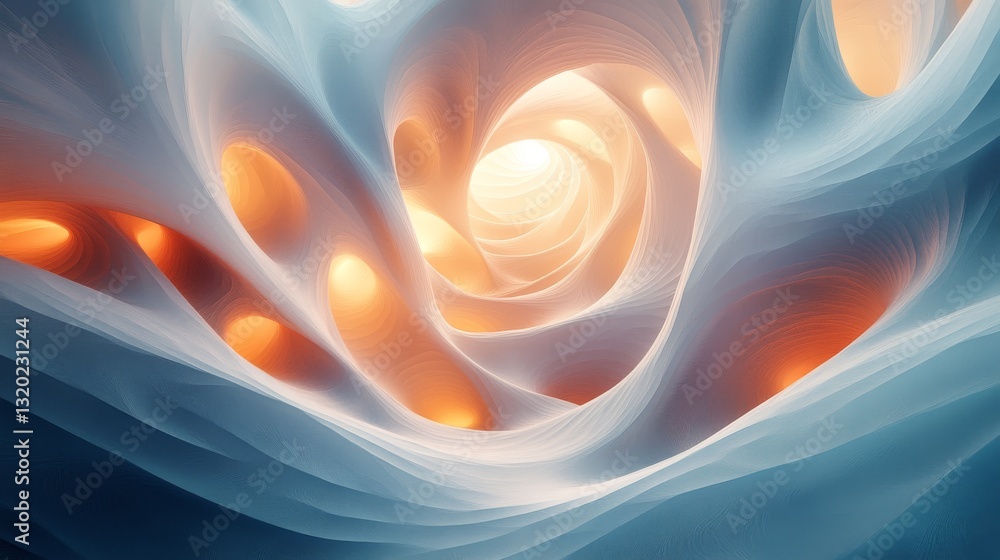Poster abstract artwork displaying swirling smooth shapes with various colors and light