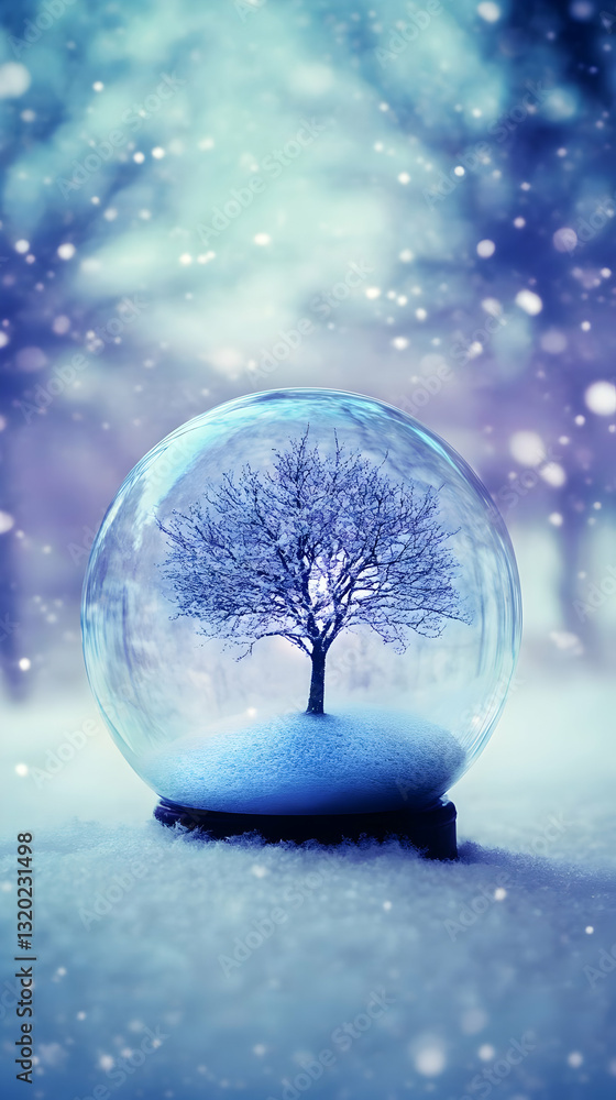 Poster winter's embrace: a snow globe encapsulates a bare tree in a snowy landscape, creating a serene and 