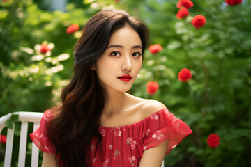Naklejka premium Portrait of beautiful young brunette woman Beautiful young asian woman with clean fresh skin on white background, Face care, Facial treatment, Cosmetology, beauty and spa, beautiful place