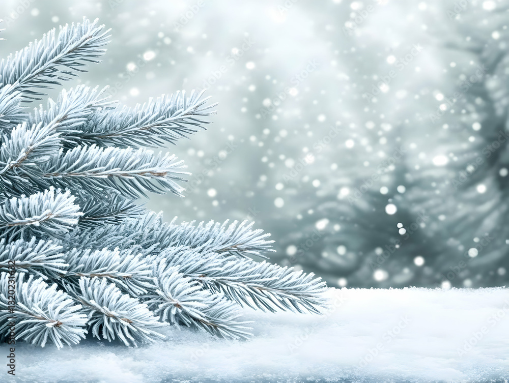 Poster frost-covered pine branches resting on a snowy surface with a blurred winter background