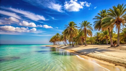 Warm sandy beach with palm trees swaying in the breeze and turquoise waters lapping at the shore on a sunny Djerba Island day