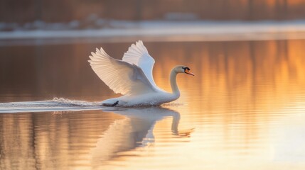 Elegant white swan gliding on a mirror-like lake, with soft golden light generative ai
