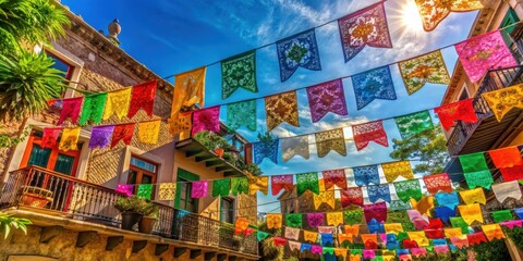 Vibrant papel picado banners dancing in the breeze amidst sun-drenched rooftops and ornate balconies on a festive outdoor celebration , papel picado, outdoors
