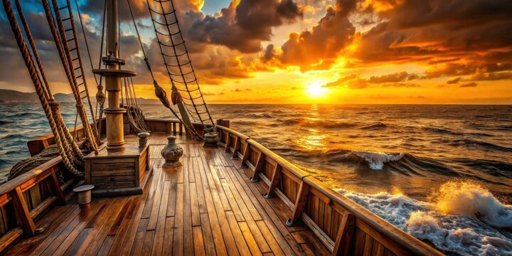 An empty pirate ship's deck is bathed in warm golden light as sunset approaches on a vast ocean stage background, with waves lapping at the shore , ocean waves, empty pirate ship