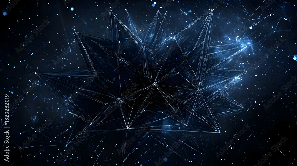 Poster abstract 3d rendering of a dark, geometric crystal structure with glowing lines and particles, creat