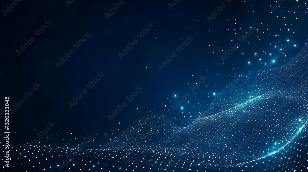 Poster abstract 3d digital network background: glowing nodes and lines form a wavy landscape, creating an i