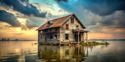 Fototapeta premium A dilapidated home stands amidst a sea of murky waters and debris , flooded house, destruction, flooded house