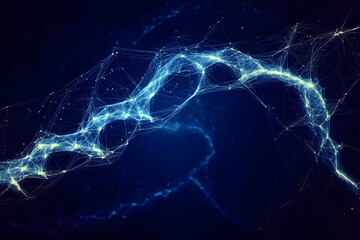 Abstract 3D Digital Network: Illuminated Lines and Nodes Form a Dynamic, Flowing Structure Against a Deep Blue Background, Representing Connectivity and Data Flow.