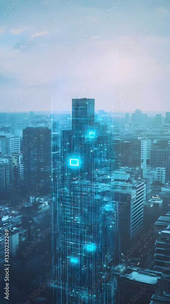 Poster digital skyscraper: a futuristic cityscape illustration depicts a tall building overlaid with glowin