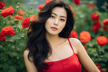 Naklejka premium Portrait of beautiful young brunette woman Beautiful young asian woman with clean fresh skin on white background, Face care, Facial treatment, Cosmetology, beauty and spa, beautiful place