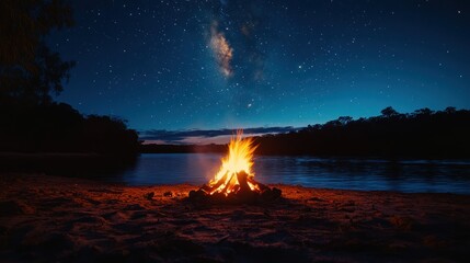 Fototapeta premium A Beautiful Bonfire Illuminates a Dark Night Sky Above Calm Waters