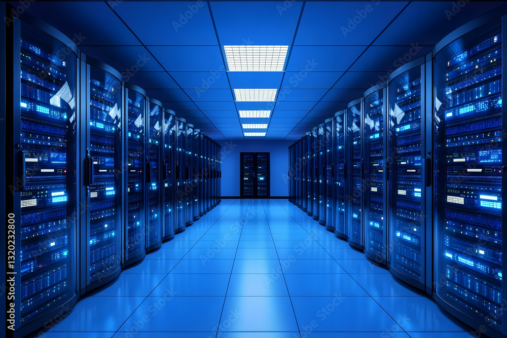 Poster 3d render of a modern data center server room with rows of illuminated servers and blue tiled floor 