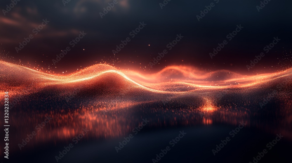Poster a flowing abstract landscape of glowing particles with reflection