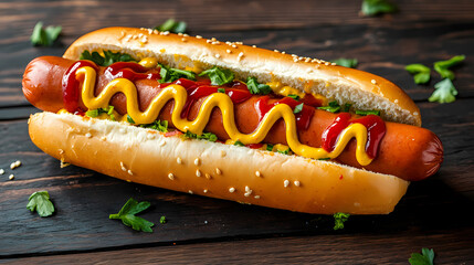 Delicious Hot Dog: A mouthwatering hot dog, nestled in a toasted bun and adorned with vibrant condiments, inviting a delightful culinary experience.
