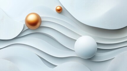 Three spheres float above stylized flowing white layered shapes